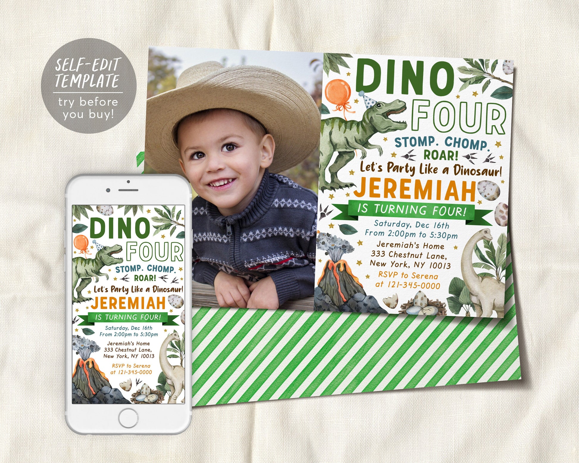 Dino Four Dinosaur Birthday Invitation With Photo Editable Template