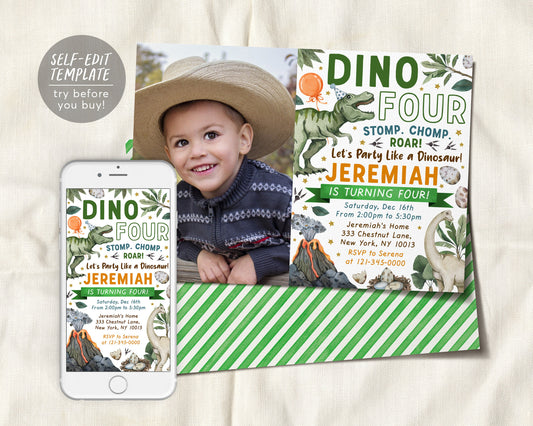 Dino Four Dinosaur Birthday Invitation With Photo Editable Template