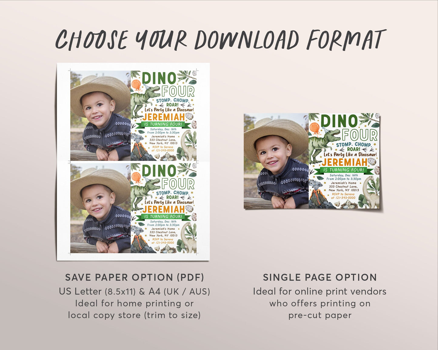 Dino Four Dinosaur Birthday Invitation With Photo Editable Template, T-Rex Dino Boy 4th Birthday Party Invite Evite, Tyrannosaurus Jurassic