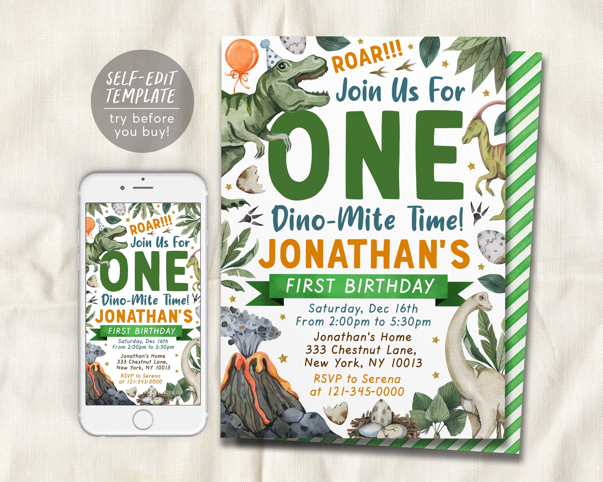 First Birthday Dinosaur Birthday Invitation Editable Template