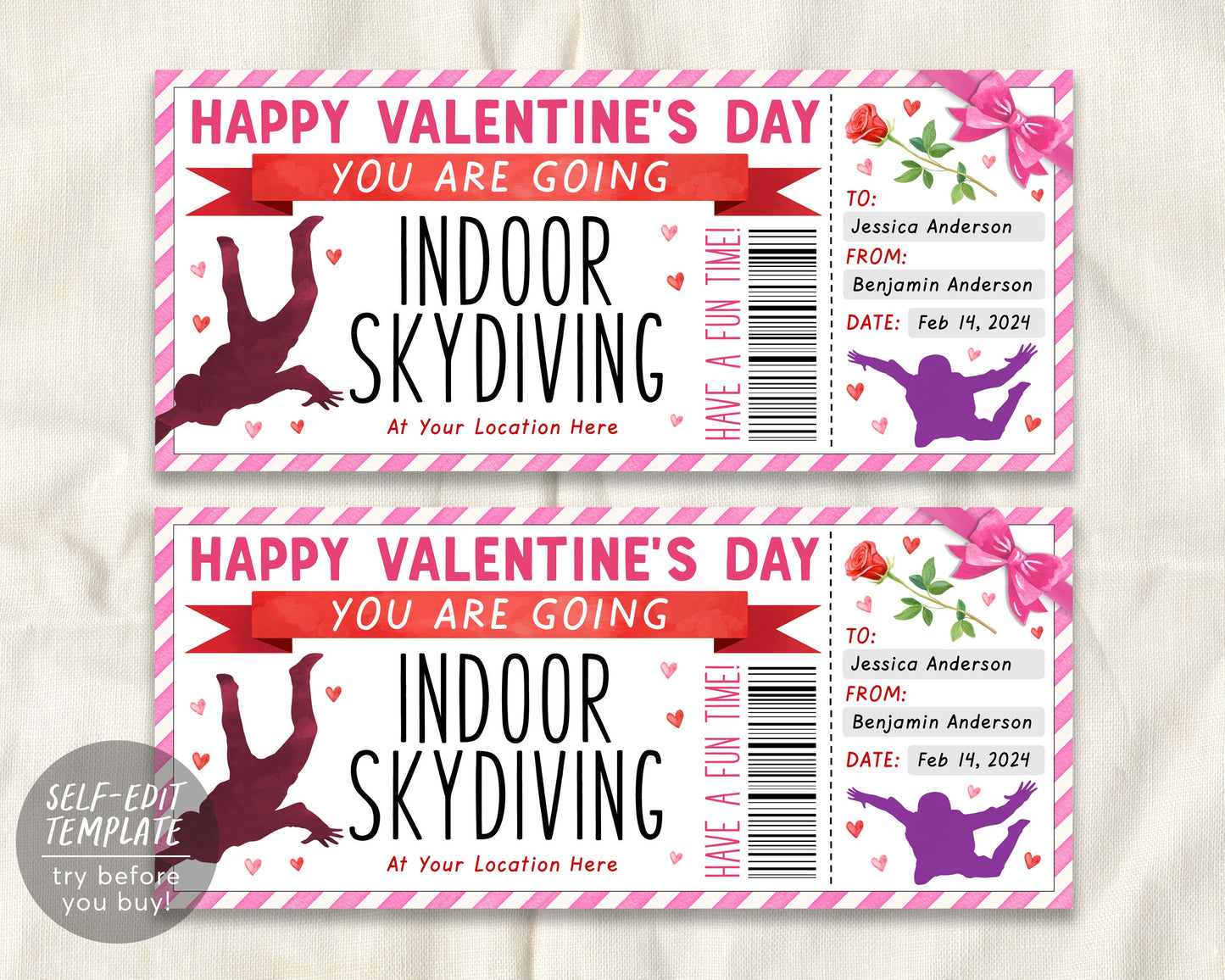 Valentines Day Indoor Skydiving Gift Certificate Ticket Editable Template