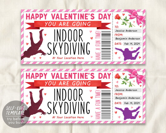 Valentines Day Indoor Skydiving Gift Certificate Ticket Editable Template