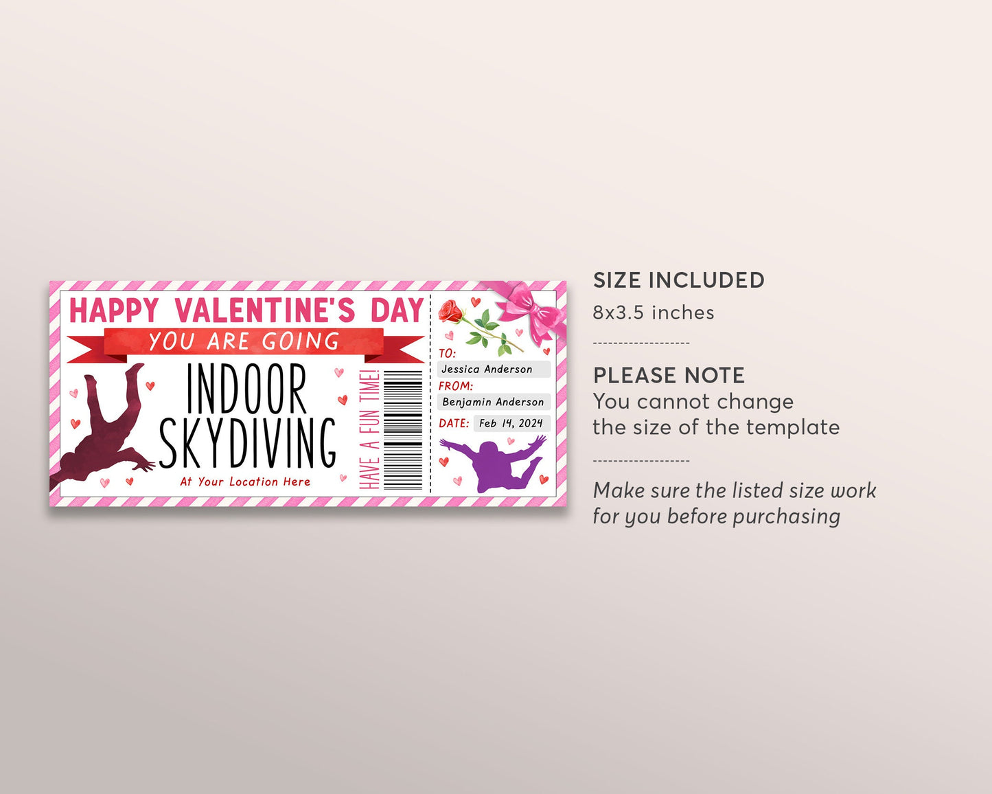 Valentines Day Indoor Skydiving Gift Certificate Ticket Editable Template, Anniversary Sky Dive Experience Gift Voucher Coupon For Boyfriend