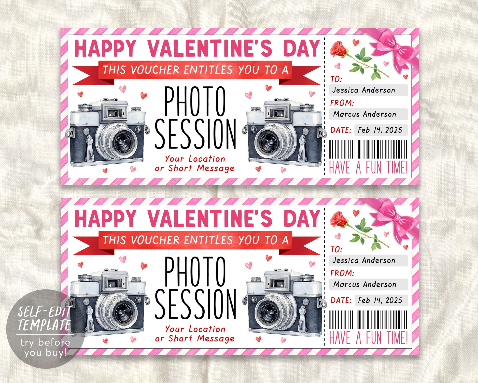 Valentines Day Photography Session Gift Voucher Ticket Editable Template, Anniversary Photo Session Experience Gift Certificate Photo Shoot
