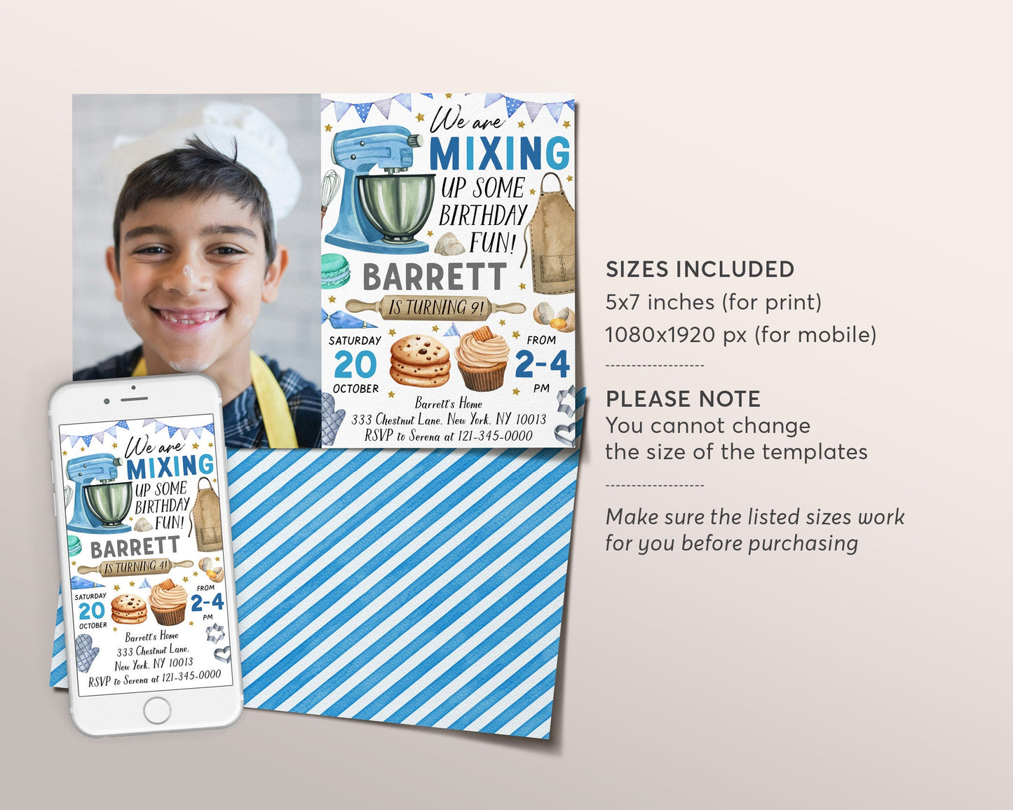 Baking Birthday Party Invitation With Photo Editable Template, Boy Chef Baking Party Invite, Blue Kids Cooking Party Evite, Cupcake Cookies