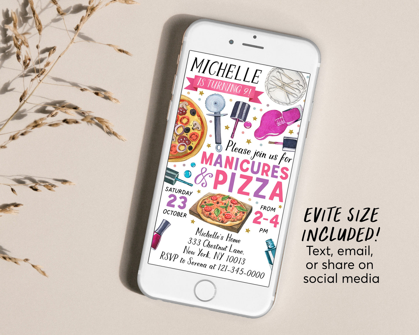 Manicures And Pizza Party With Photo Invitation Editable Template, Pedicures Mani Pedi Spa Day Birthday Invite, Girl Teen Tween Nail Salon