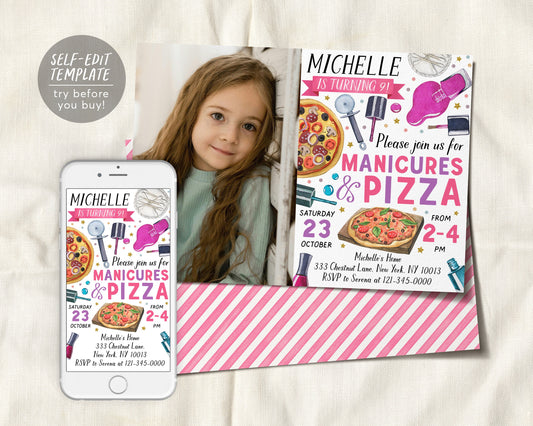 Manicures And Pizza Party With Photo Invitation Editable Template