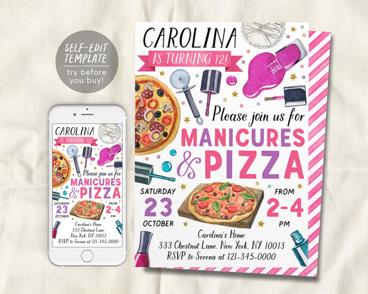 Manicures And Pizza Party Invitation Editable Template