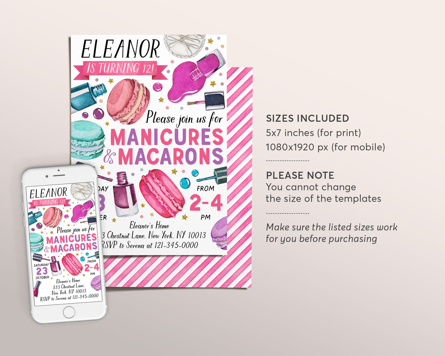 Manicures And Macarons Party Invitation Editable Template, Pedicures Mani Pedi Spa Day Birthday Invite, Girl Teen Tween Nail Salon Party