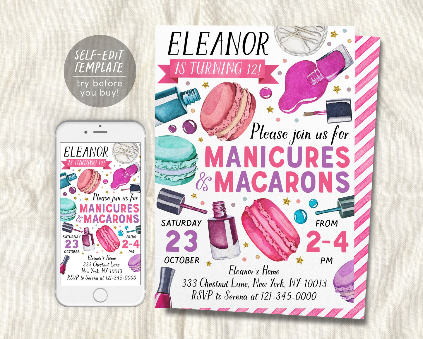 Manicures And Macarons Party Invitation Editable Template