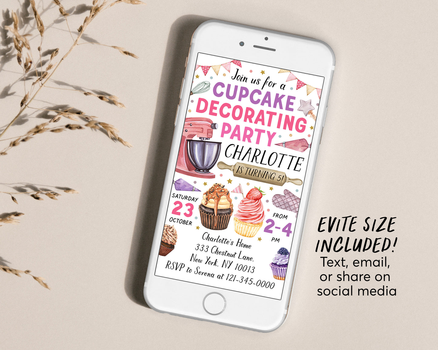 Cupcake Decorating Party Invitation Editable Template, Girl Baking Birthday Evite, Kids Preteen Chef Cooking Party Invite, Sweets Bake Shop