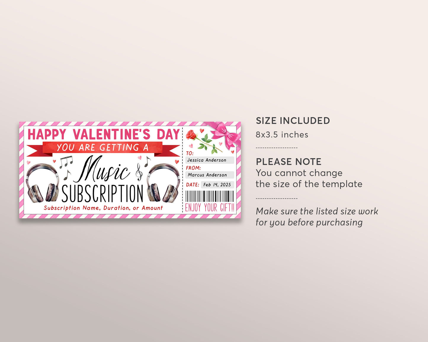 Valentines Day Music Subscription Gift Card Editable Template, Anniversary Music Streaming Gift Certificate Voucher Coupon For Music Lovers