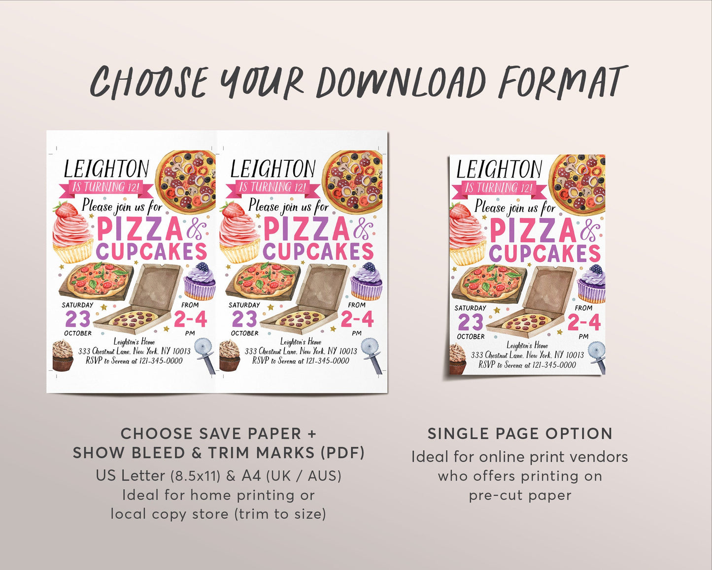 Pizza And Cupcakes Decorating Party Invitation Editable Template, Girl Baking Birthday Evite, Kids Preteen Chef Cooking Party Invite