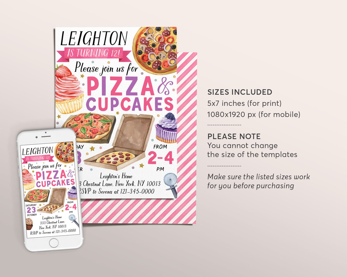 Pizza And Cupcakes Decorating Party Invitation Editable Template, Girl Baking Birthday Evite, Kids Preteen Chef Cooking Party Invite