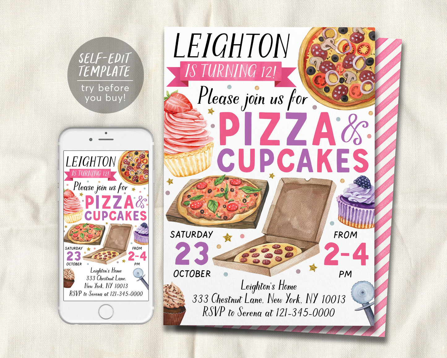 Pizza And Cupcakes Decorating Party Invitation Editable Template