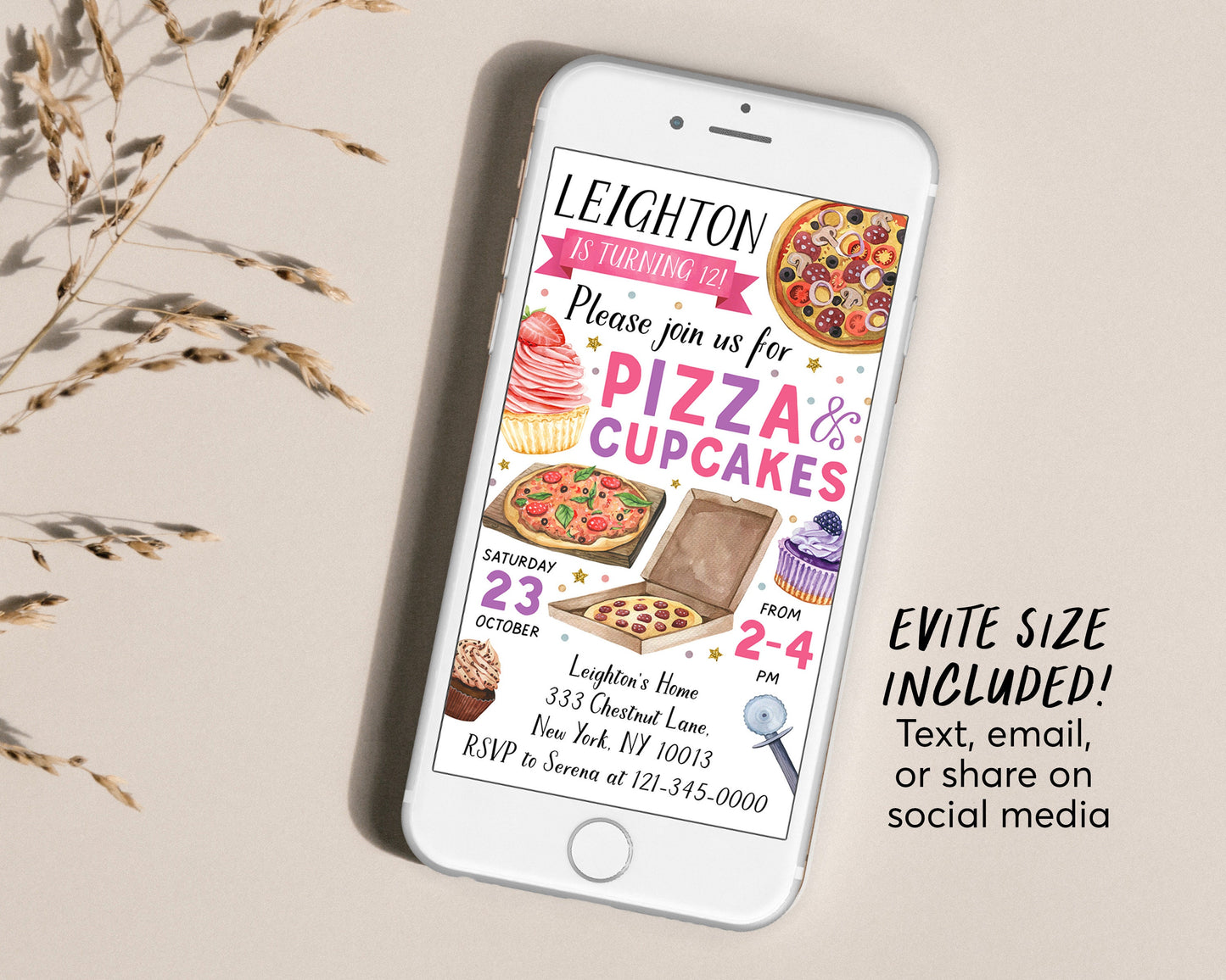 Pizza And Cupcakes Decorating Party Invitation Editable Template, Girl Baking Birthday Evite, Kids Preteen Chef Cooking Party Invite