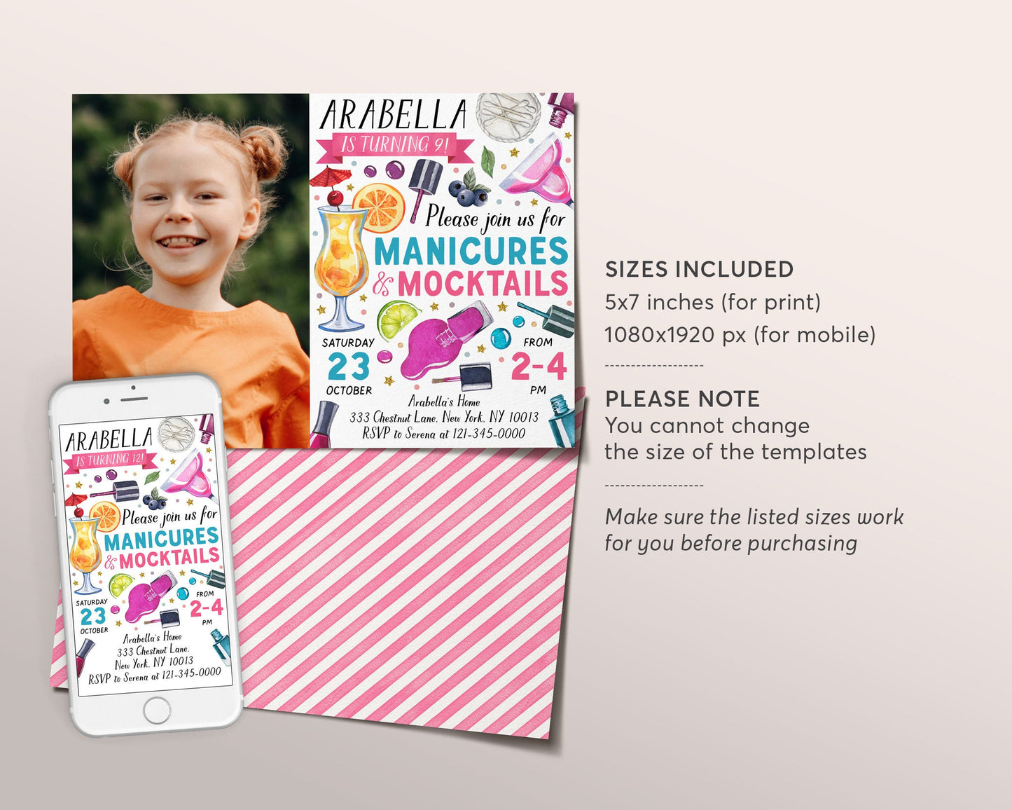 Manicures And Mocktails Party Invitation With Photo Editable Template, Pedicures Mani Pedi Spa Day Pamper Nail Salon Party Birthday Invite