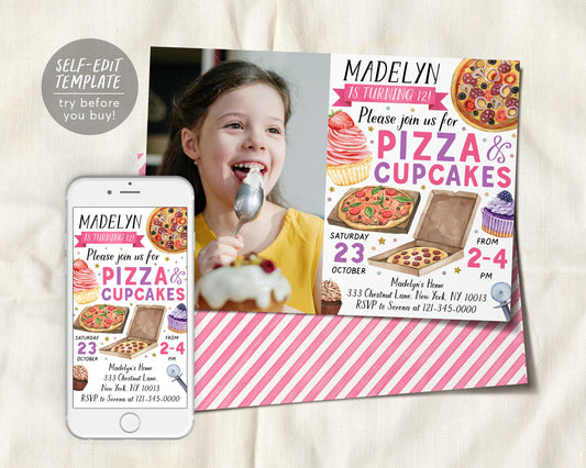 Pizza And Cupcakes Decorating Party Invitation With Photo Editable Template