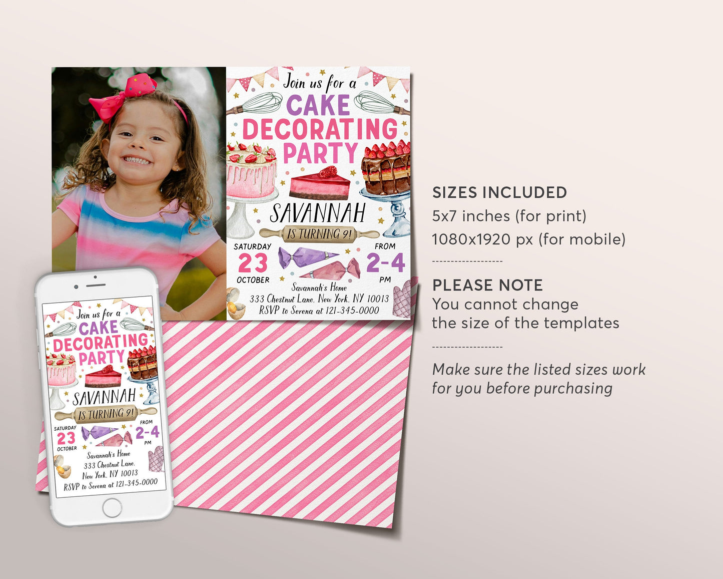 Cake Decorating Party Invitation With Photo Editable Template, Girl Baking Birthday Evite, Kids Preteen Chef Cooking Party Invite Bake Shop