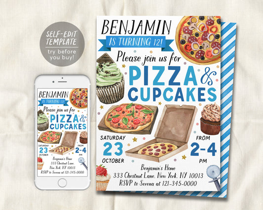 Pizza And Cupcakes Decorating Party Invitation Editable Template