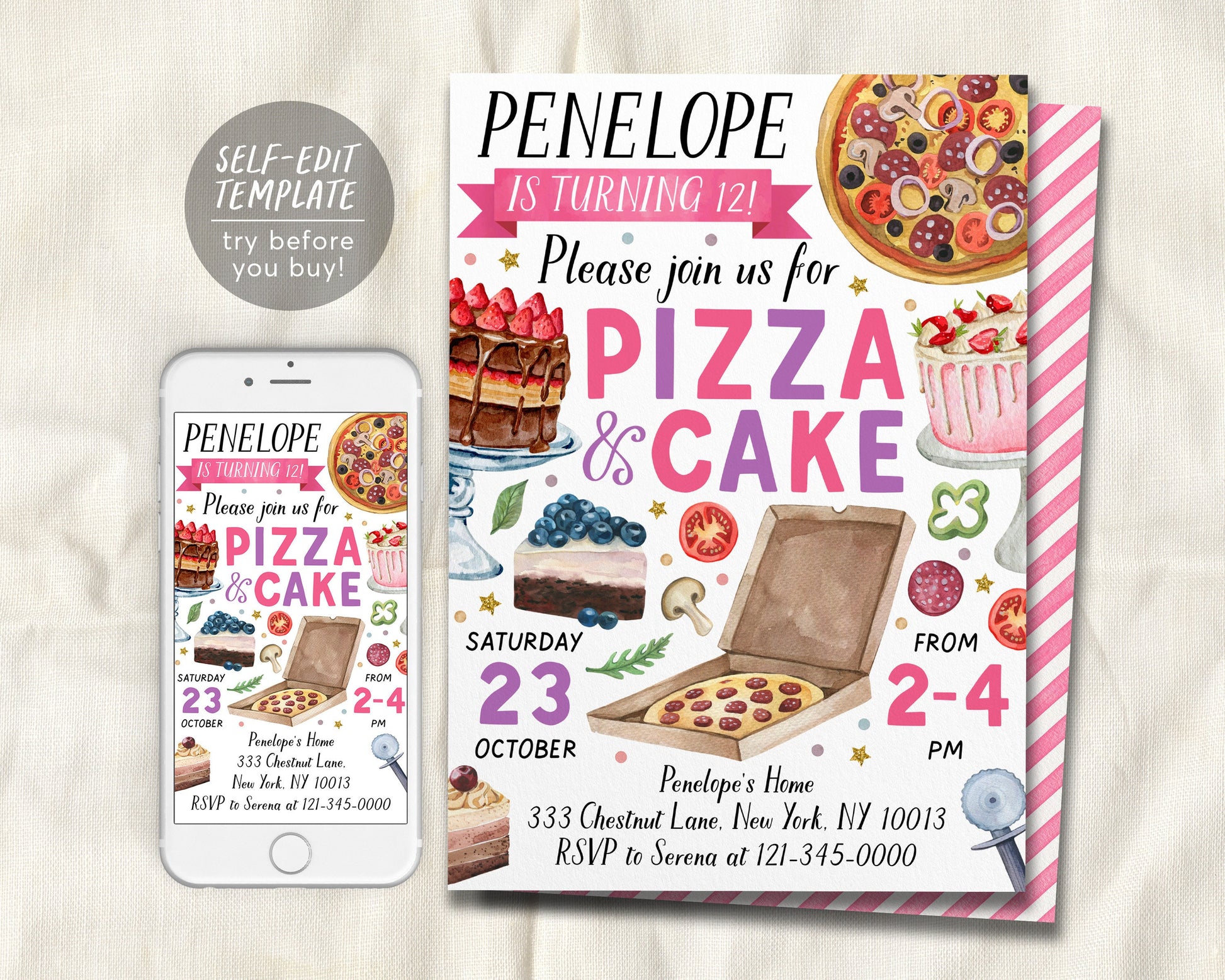 Pizza And Cake Decorating Party Invitation Editable Template