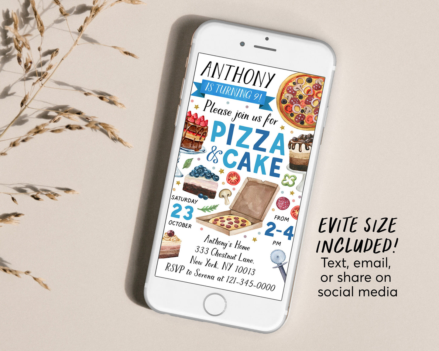 Pizza And Cake Party Invitation Editable Template, Boy Pizza Making Birthday Evite, Kids Preteen Slice Of Fun Invite Watercolor Printable