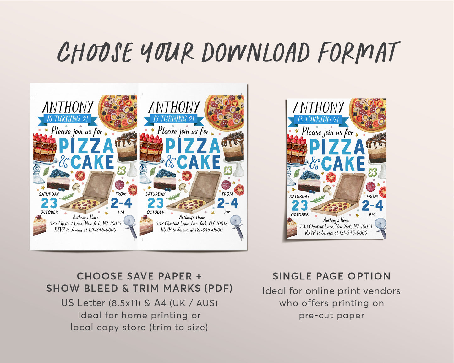 Pizza And Cake Party Invitation Editable Template, Boy Pizza Making Birthday Evite, Kids Preteen Slice Of Fun Invite Watercolor Printable