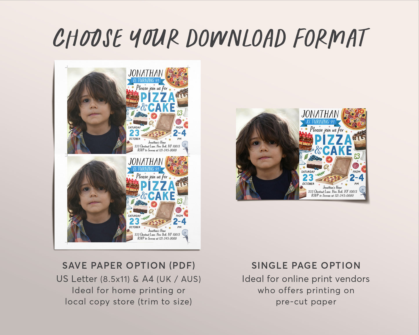 Pizza And Cake Party With Photo Invitation Editable Template, Boy Pizza Making Birthday Evite, Kids Preteen Slice Of Fun Invite Printable