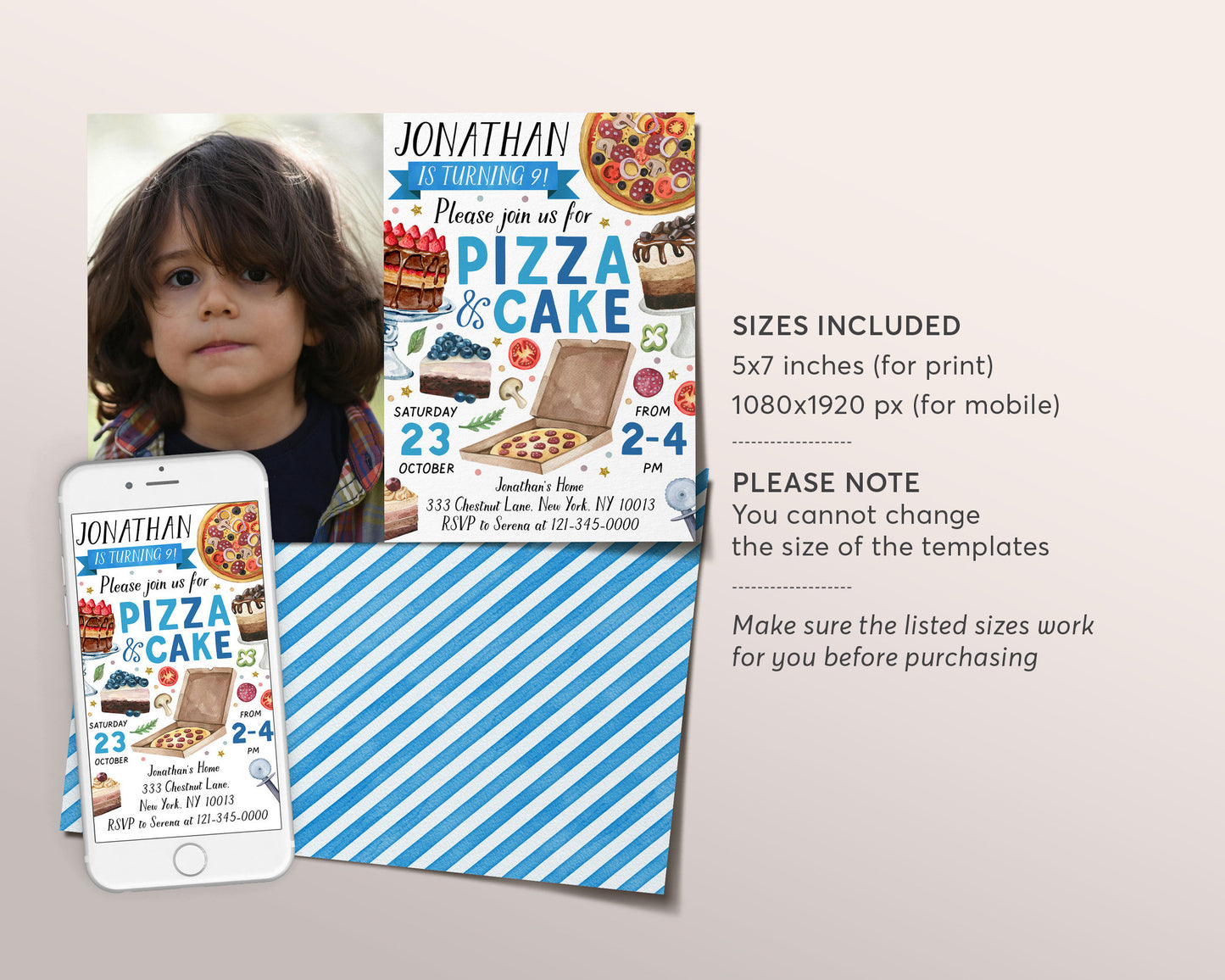 Pizza And Cake Party With Photo Invitation Editable Template, Boy Pizza Making Birthday Evite, Kids Preteen Slice Of Fun Invite Printable