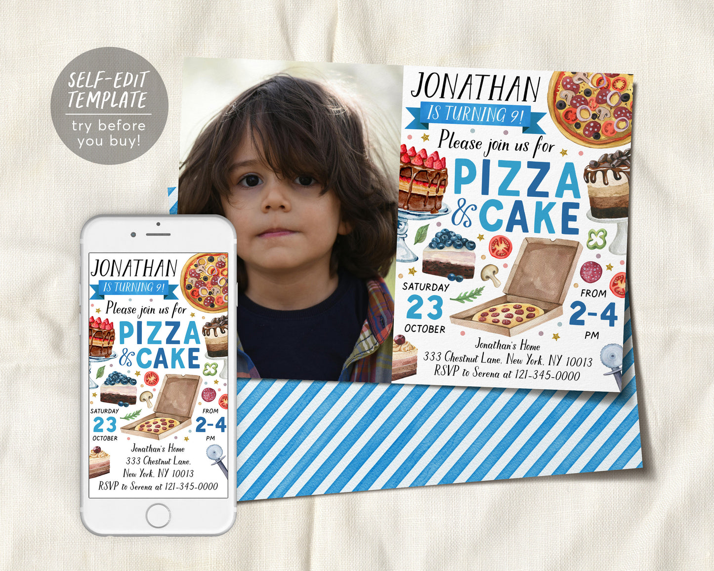 Pizza And Cake Decorating Party With Photo Invitation Editable Template