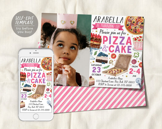 Pizza And Cake Party With Photo Invitation Editable Template