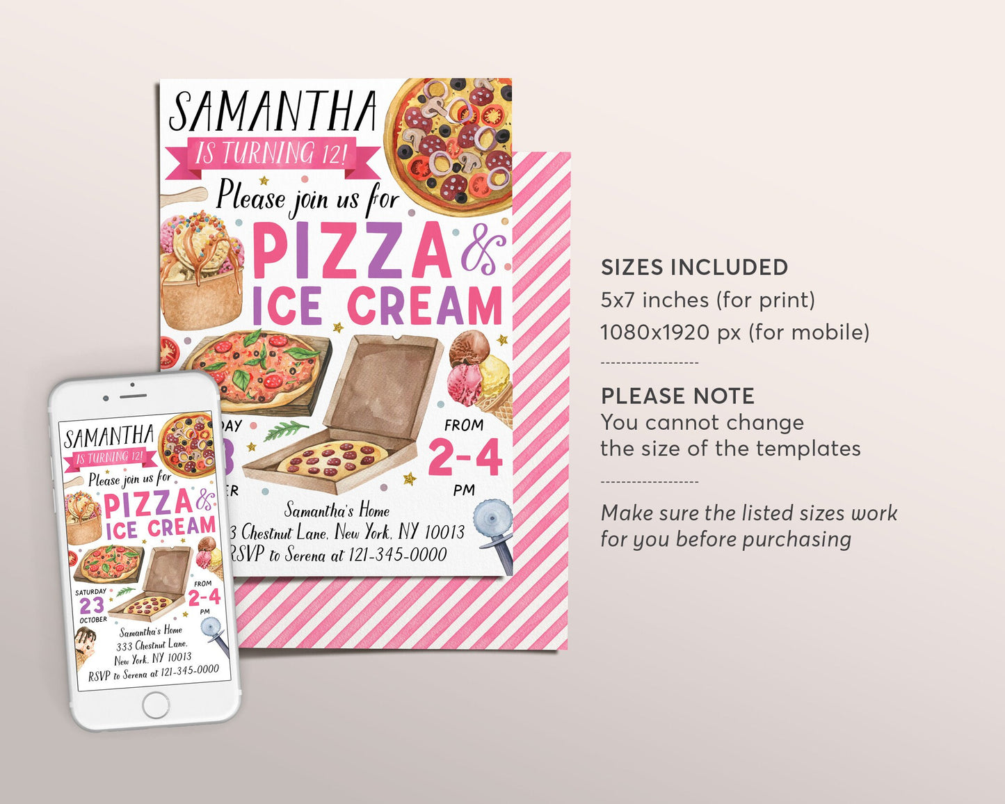 Pizza and Ice Cream Birthday Party Invitation Editable Template, Kids Summer Ice Cream Party Invite, Pizza Making Evite, Girl Teen Tween