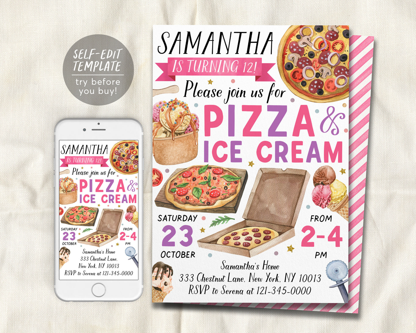 Pizza and Ice Cream Birthday Party Invitation Editable Template