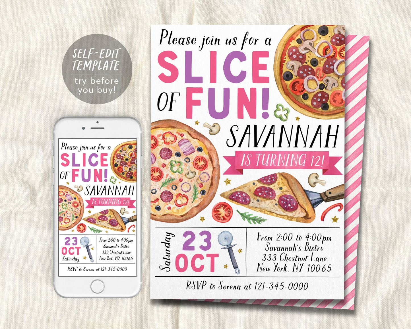 Pizza Party Birthday Invitation Editable Template