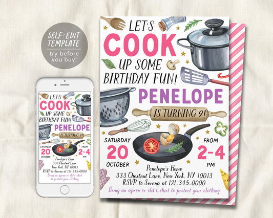 Cooking Party Birthday Invitation Editable Template