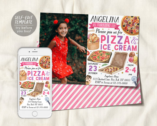 Pizza and Ice Cream Birthday Party Invitation With Photo Editable Template