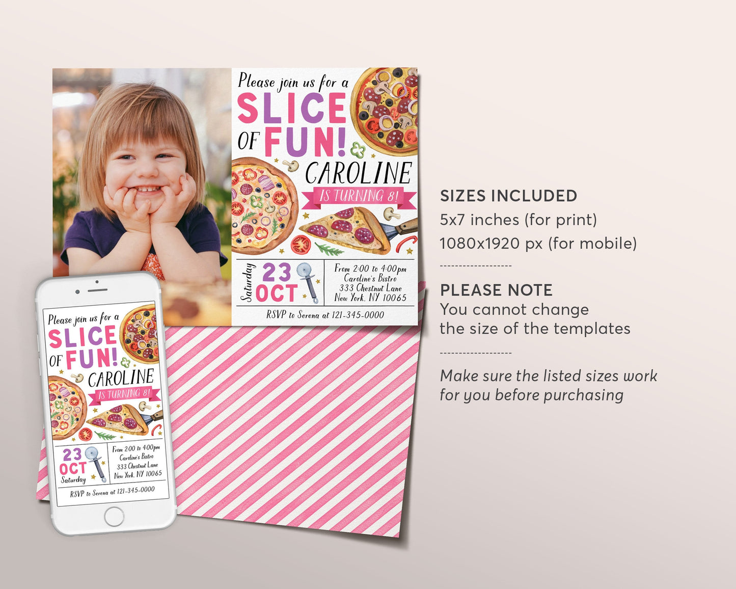 Pizza Party Birthday Invitation With Photo Editable Template, Kids Pizza Party Invite, Girl Pizza Making Evite, Slice Of Fun Pizzeria Tween