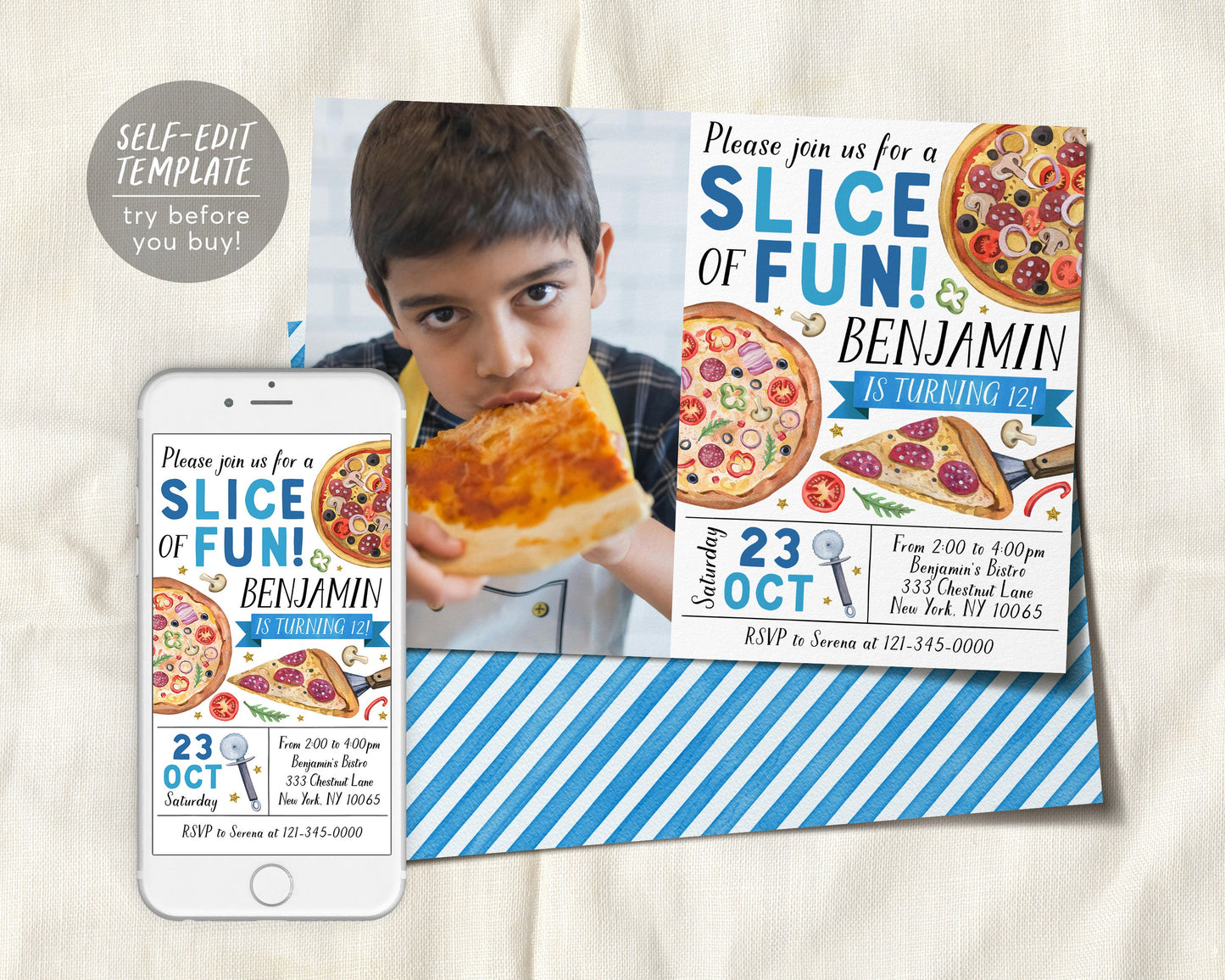 Pizza Party Birthday Invitation With Photo Editable Template