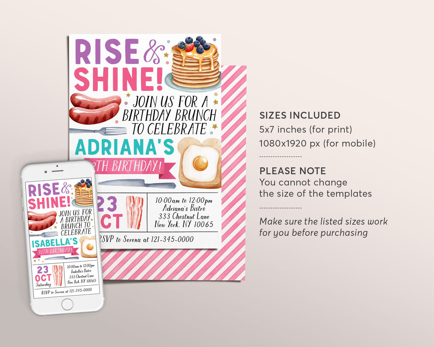 Rise and Shine Kids Breakfast Brunch Invitation Editable Template, Girl Brunch Birthday Invite, Pancakes Bacon Eggs Digital Evite Printable