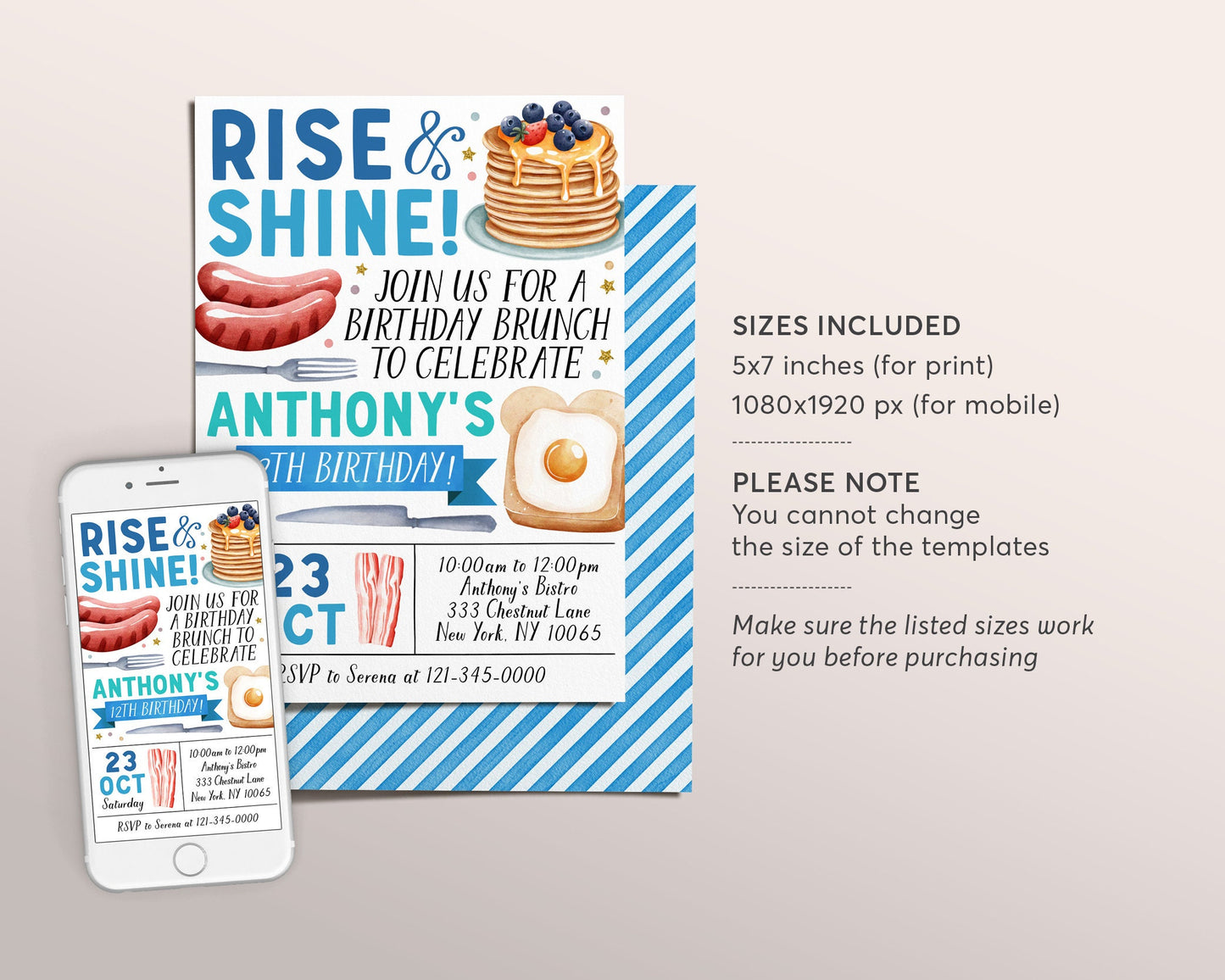 Rise and Shine Kids Breakfast Brunch Invitation Editable Template, Boy Brunch Birthday Invite, Pancakes Bacon Eggs Evite Digital Printable