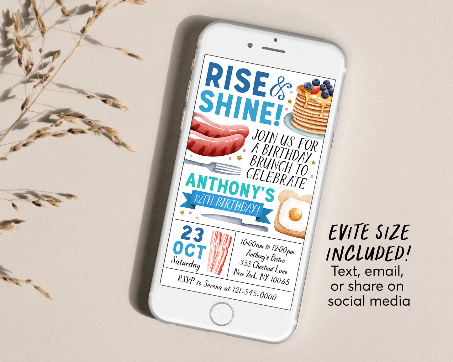 Rise and Shine Kids Breakfast Brunch Invitation Editable Template, Boy Brunch Birthday Invite, Pancakes Bacon Eggs Evite Digital Printable