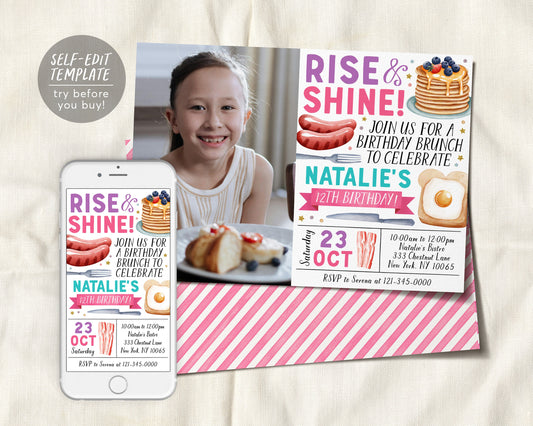 Rise and Shine Kids Breakfast Brunch Invitation With Photo Editable Template