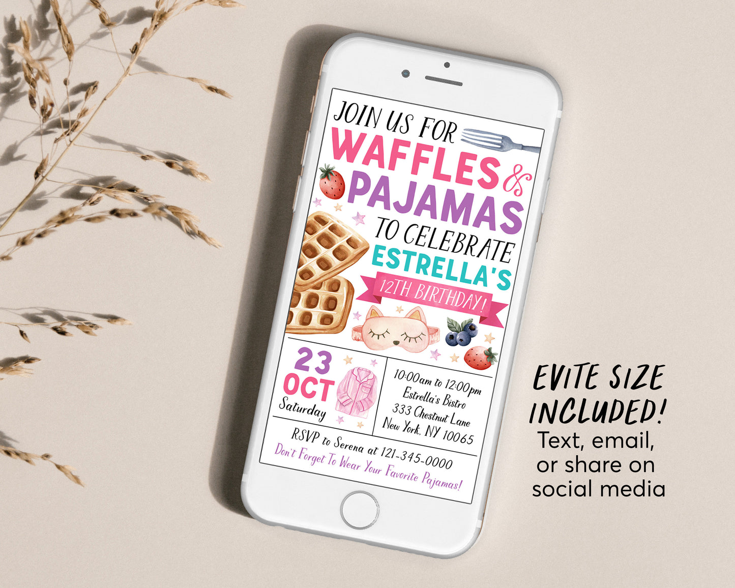 Waffles and Pajamas Birthday Invitation Editable Template, Girl Waffles And PJs Party Invite, Kids Breakfast Brunch Evite, Slumber Party