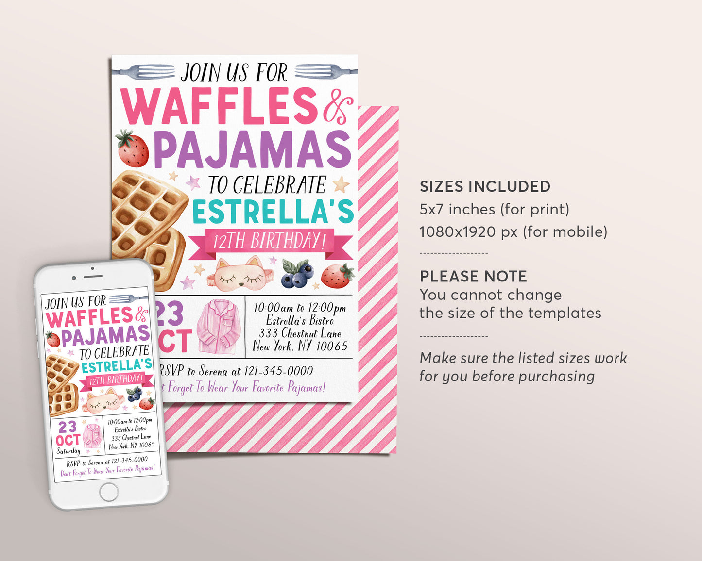 Waffles and Pajamas Birthday Invitation Editable Template, Girl Waffles And PJs Party Invite, Kids Breakfast Brunch Evite, Slumber Party