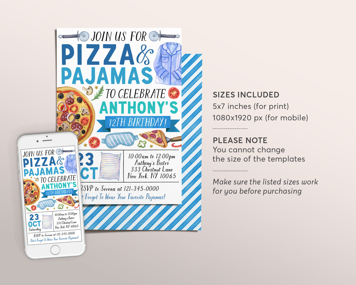 Pizza and Pajamas Birthday Invitation Editable Template, Boy Pizza And PJs Party Invite, Kids Pizzeria Slumber Party Evite, Slice Of Fun