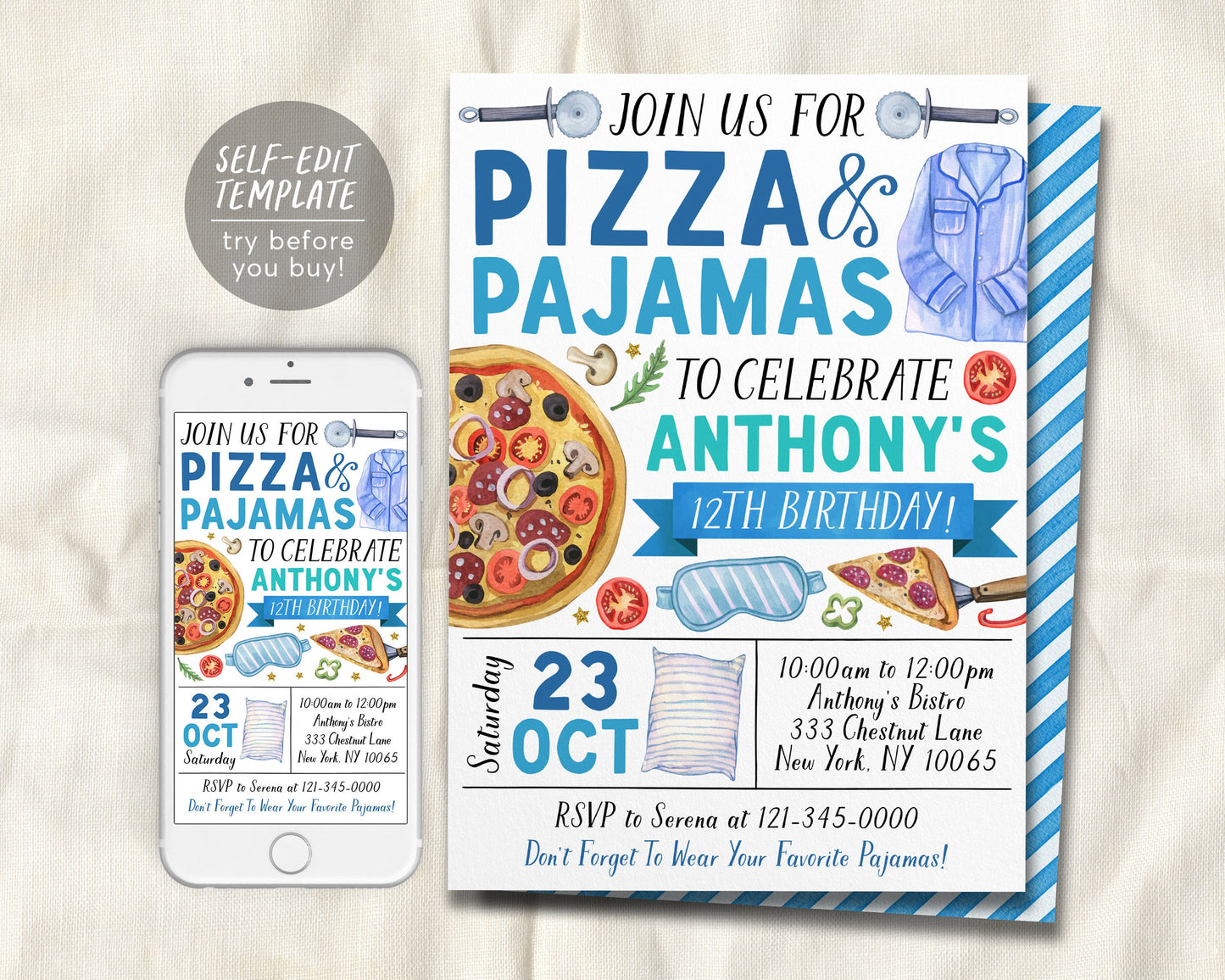 Pizza and Pajamas Birthday Invitation Editable Template