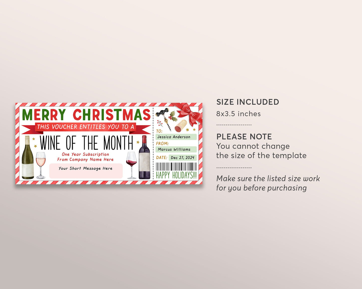 Wine Subscription Gift Certificate Editable Template, Christmas Surprise Wine Club Membership Voucher, Holiday Wine of the Month Coupon