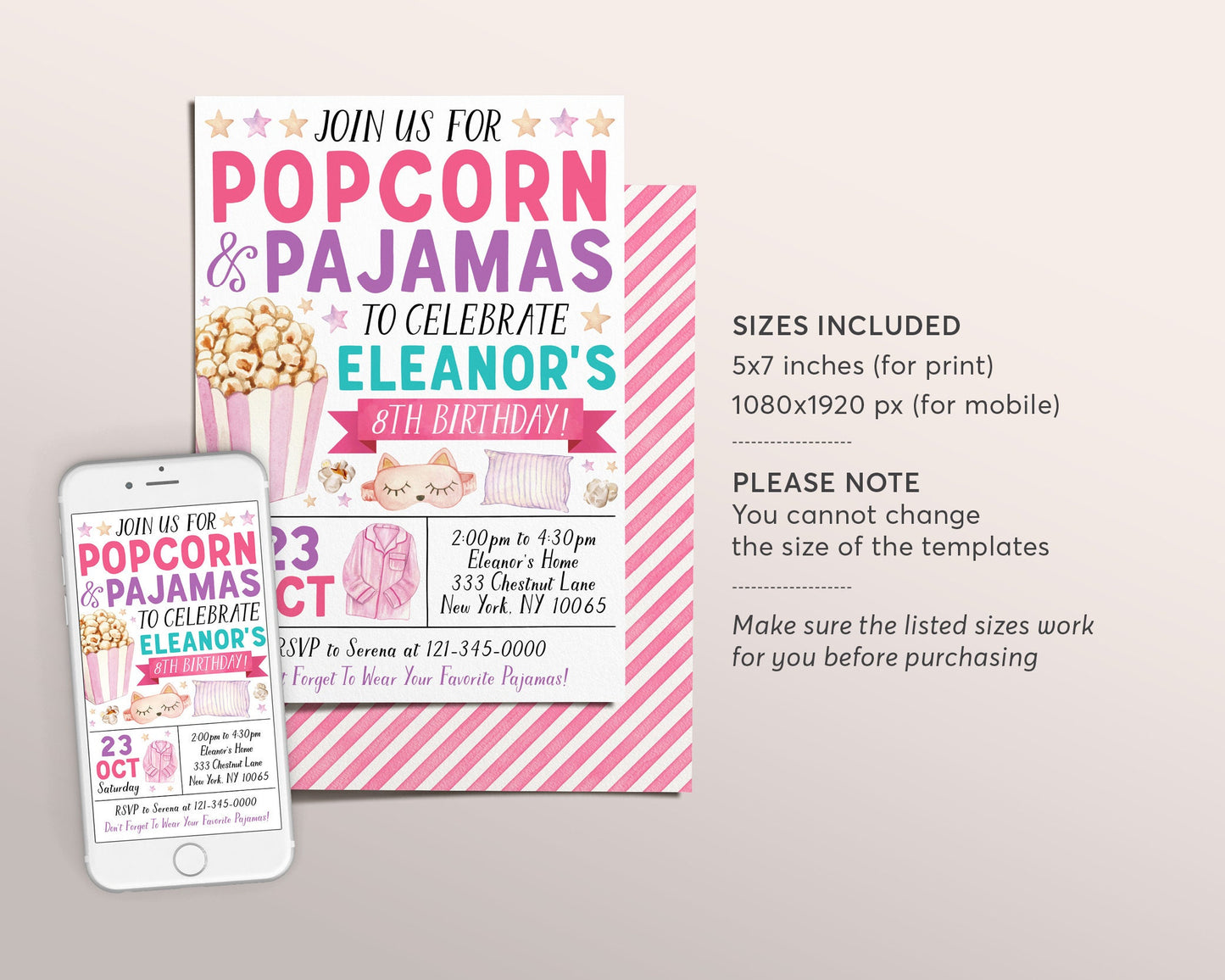 Popcorn and Pajamas Birthday Invitation Editable Template, Girl Tween Movie Night Party Invite, Kids Popcorn And PJs Slumber Party Evite