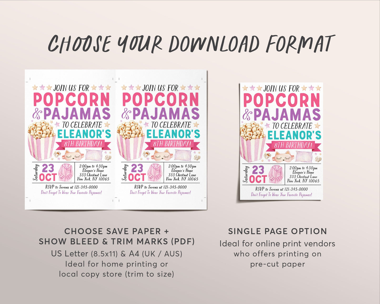 Popcorn and Pajamas Birthday Invitation Editable Template, Girl Tween Movie Night Party Invite, Kids Popcorn And PJs Slumber Party Evite