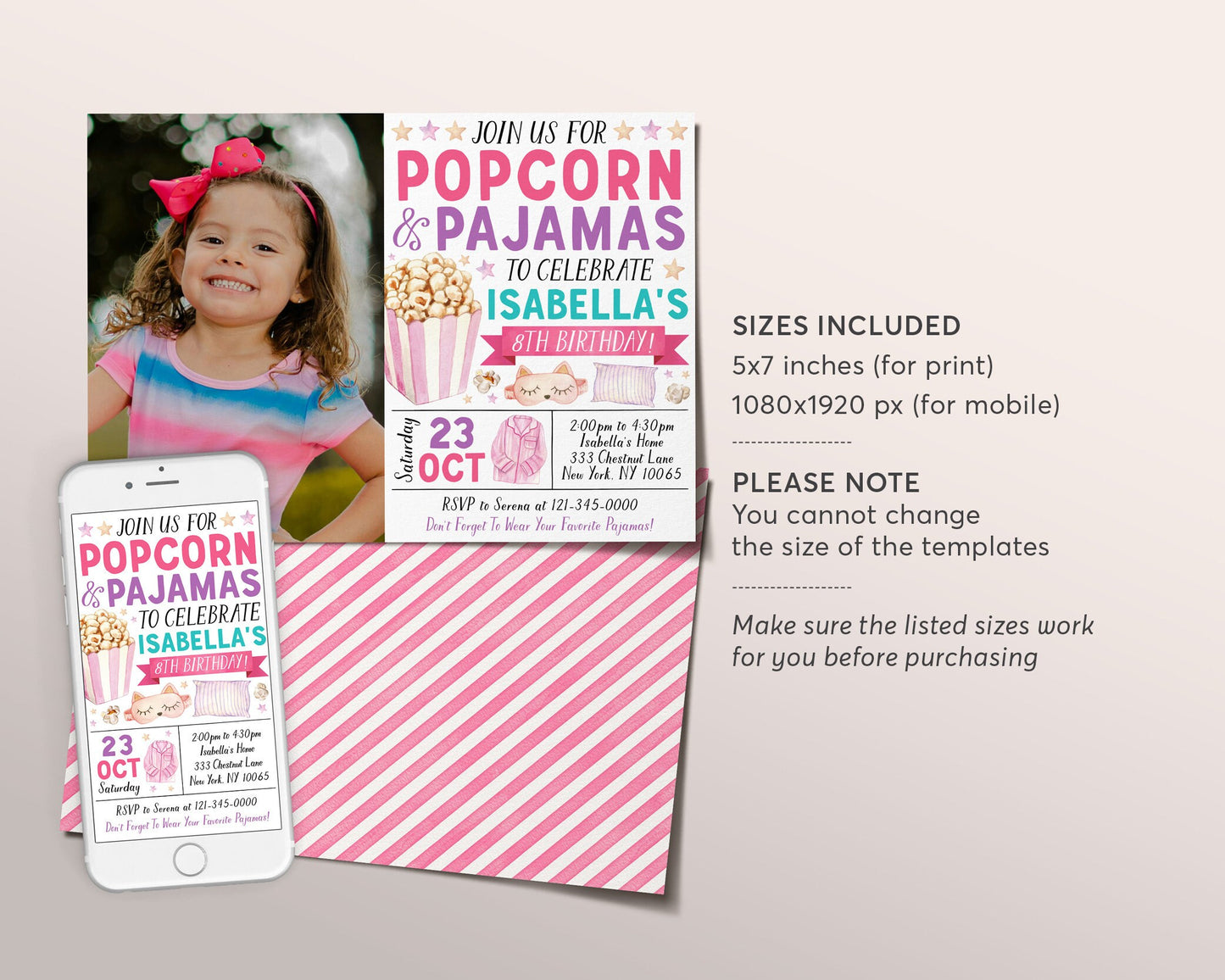 Popcorn and Pajamas Birthday Invitation With Photo Editable Template, Girl Tween Movie Night Party Invite, Kids PJs Slumber Party Evite